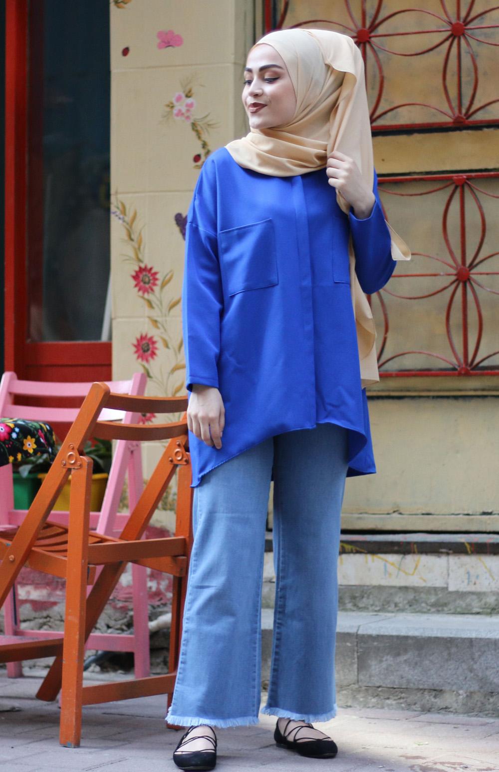 Modalamelif Saks Mavisi İki Cep Gömlek