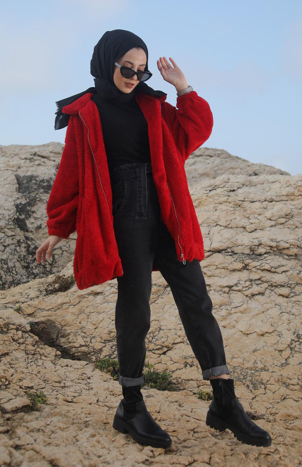 Red Shirt Collar Long Arm Coat