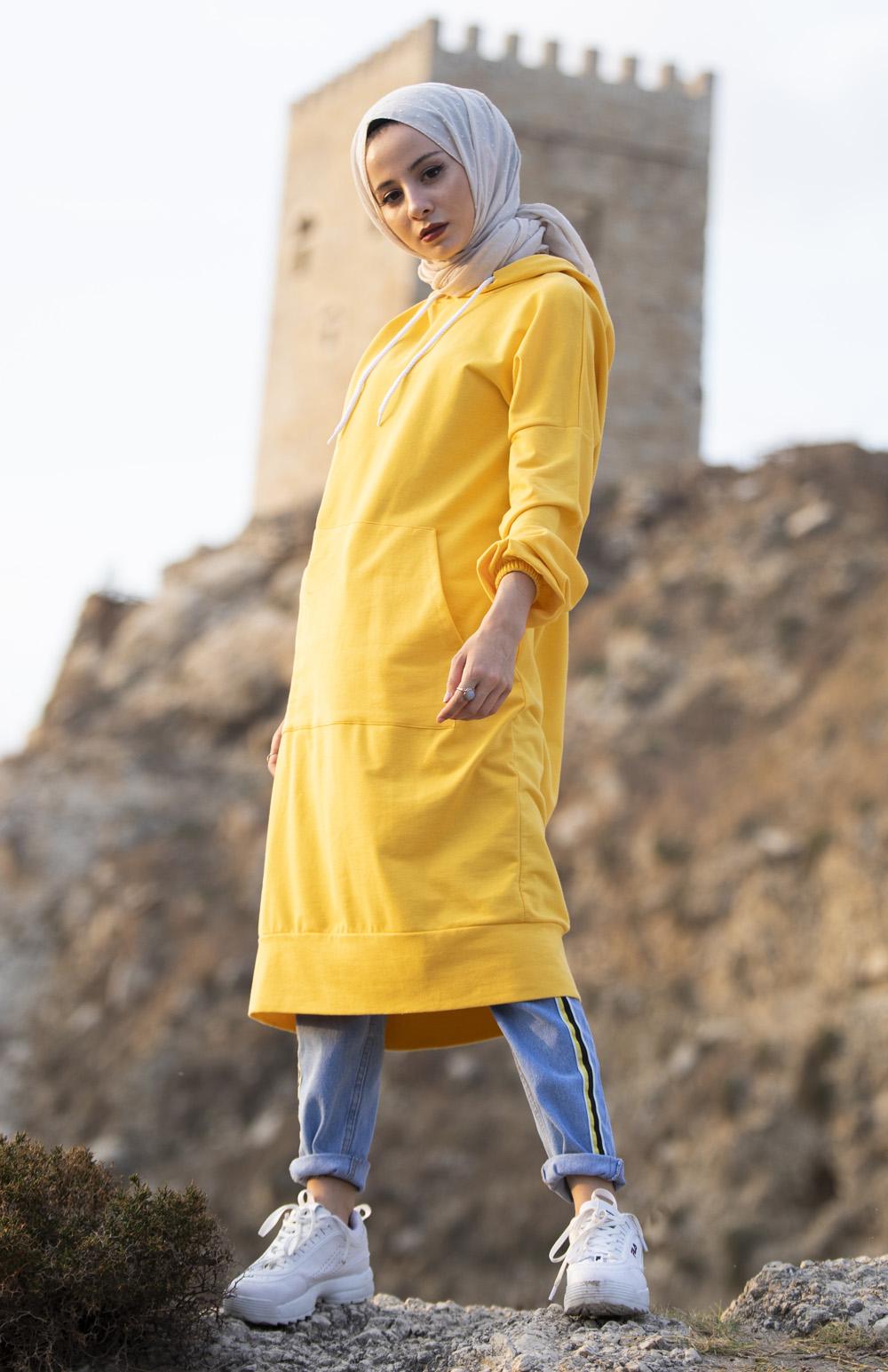 Modalamelif İki Cepli Kol Lastikli Sweatshirt Hardal Sarısı