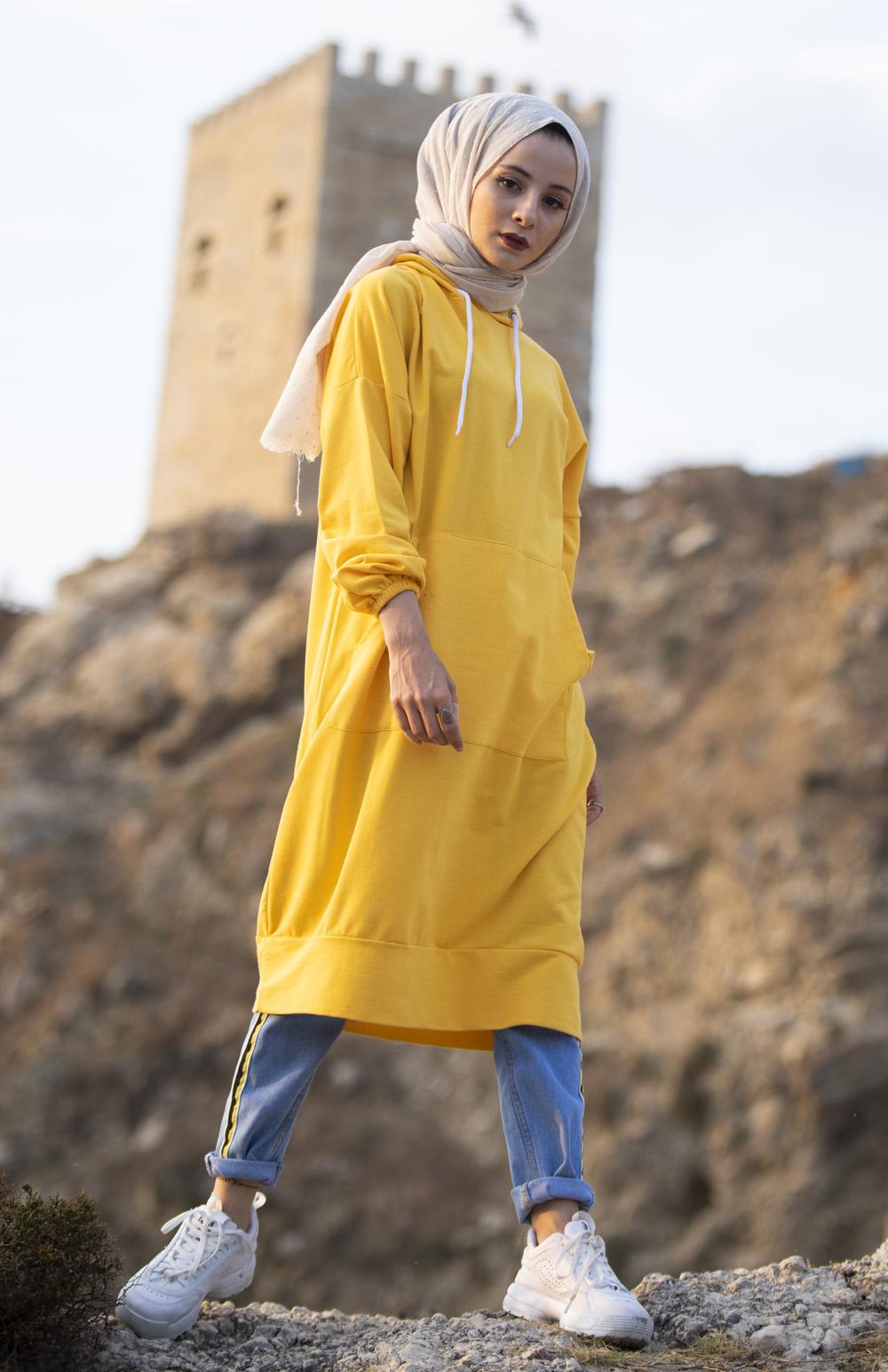 Modalamelif İki Cepli Kol Lastikli Sweatshirt Hardal Sarısı