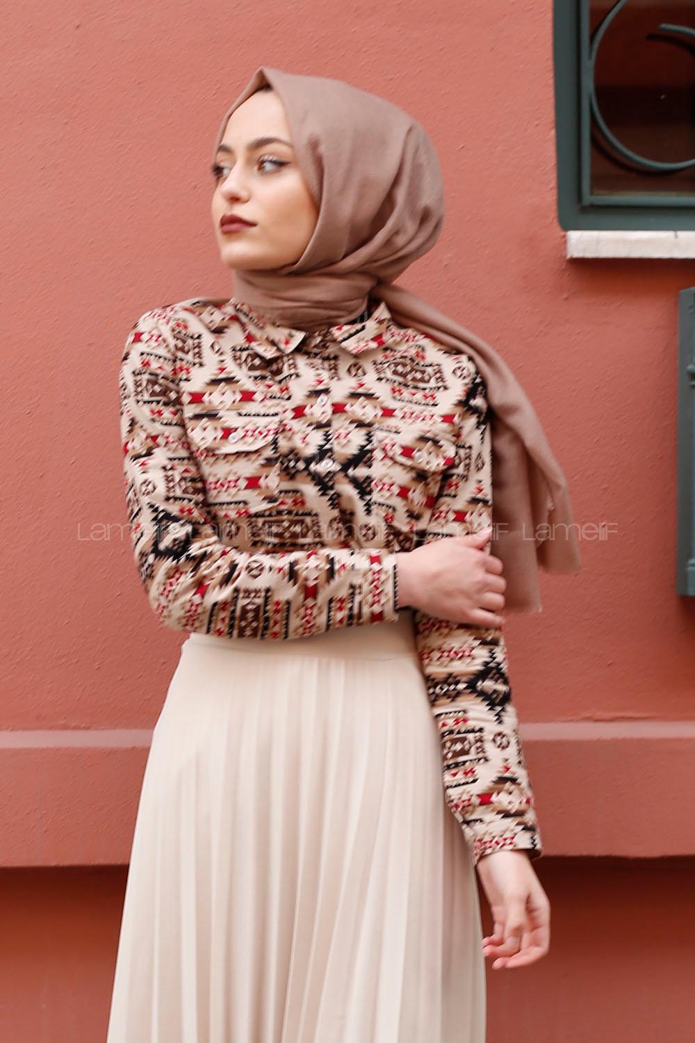 Modalamelif Vizonrengi Geometrik Gömlek