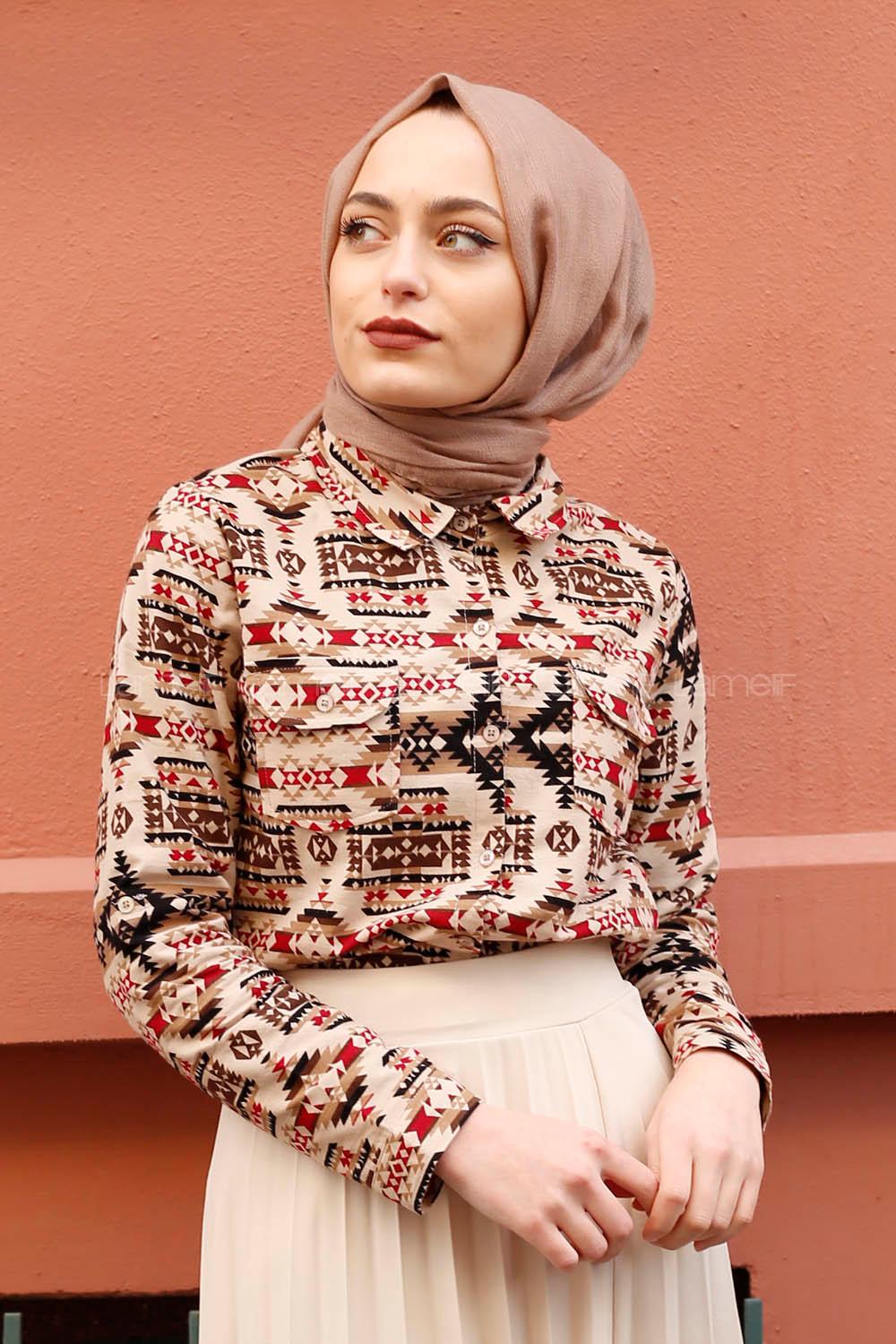 Modalamelif Vizonrengi Geometrik Gömlek