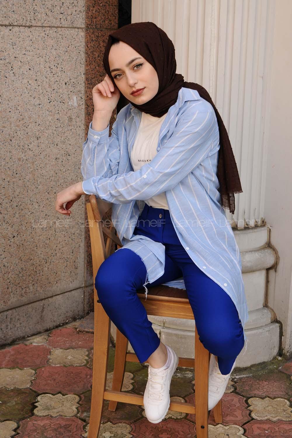 Modalamelif Dokulu Uzun Gömlek Mavi