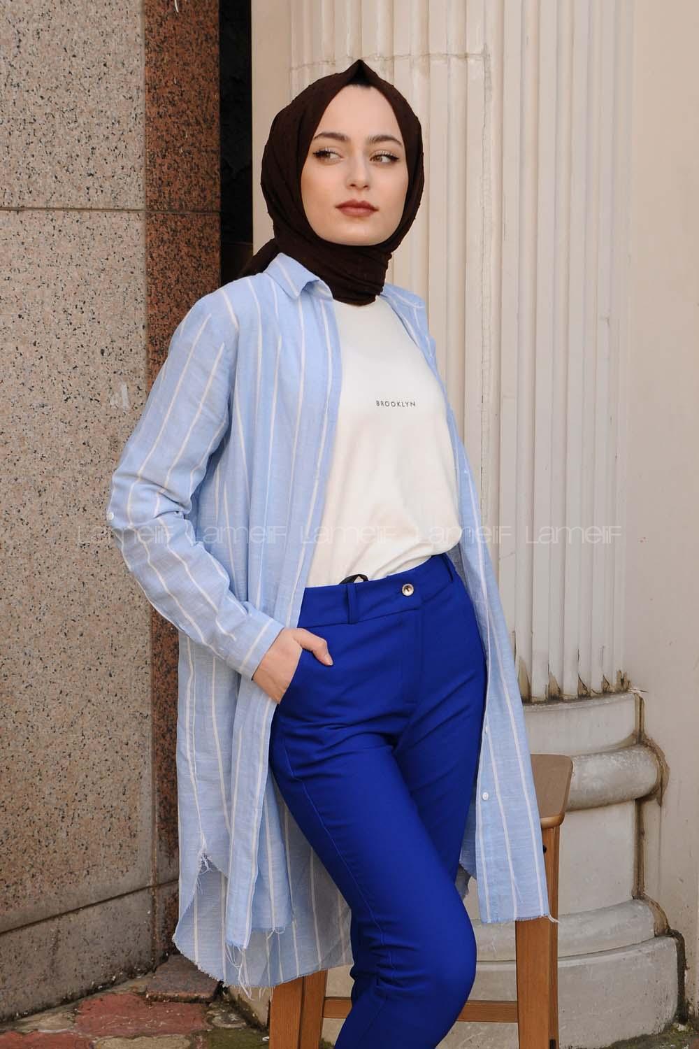 Modalamelif Dokulu Uzun Gömlek Mavi