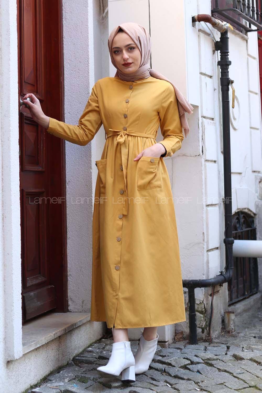 Modalamelif Keten Elbise Hardal