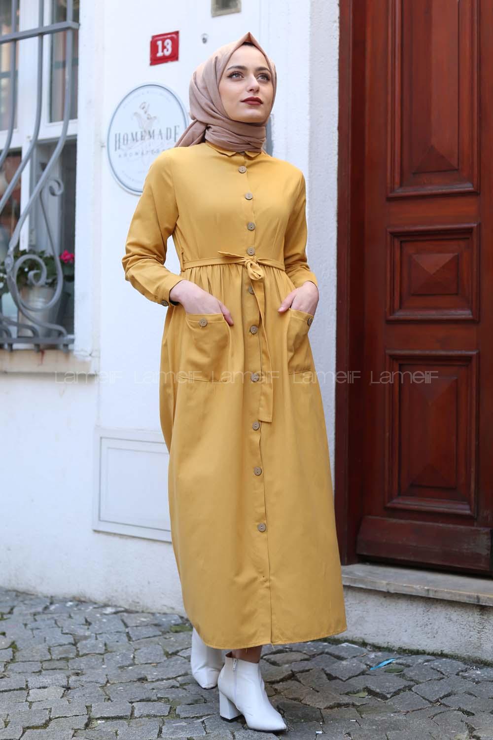 Modalamelif Keten Elbise Hardal