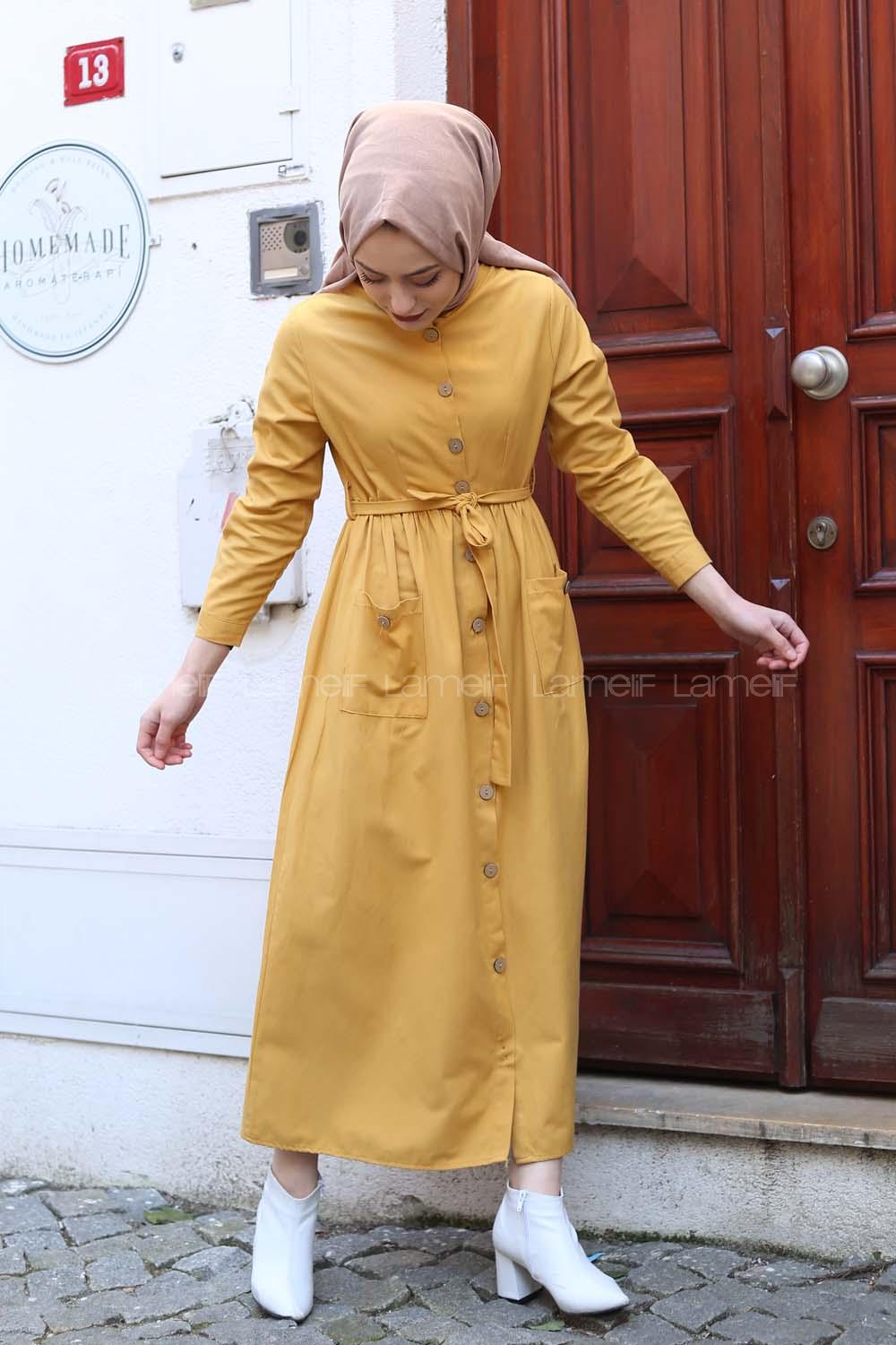 Modalamelif Keten Elbise Hardal