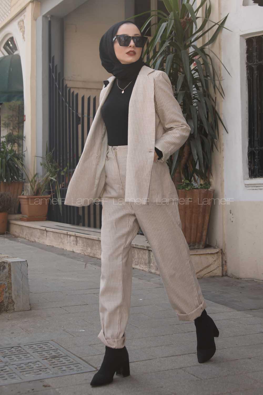 Modalamelif Çizgili Blazer Takım