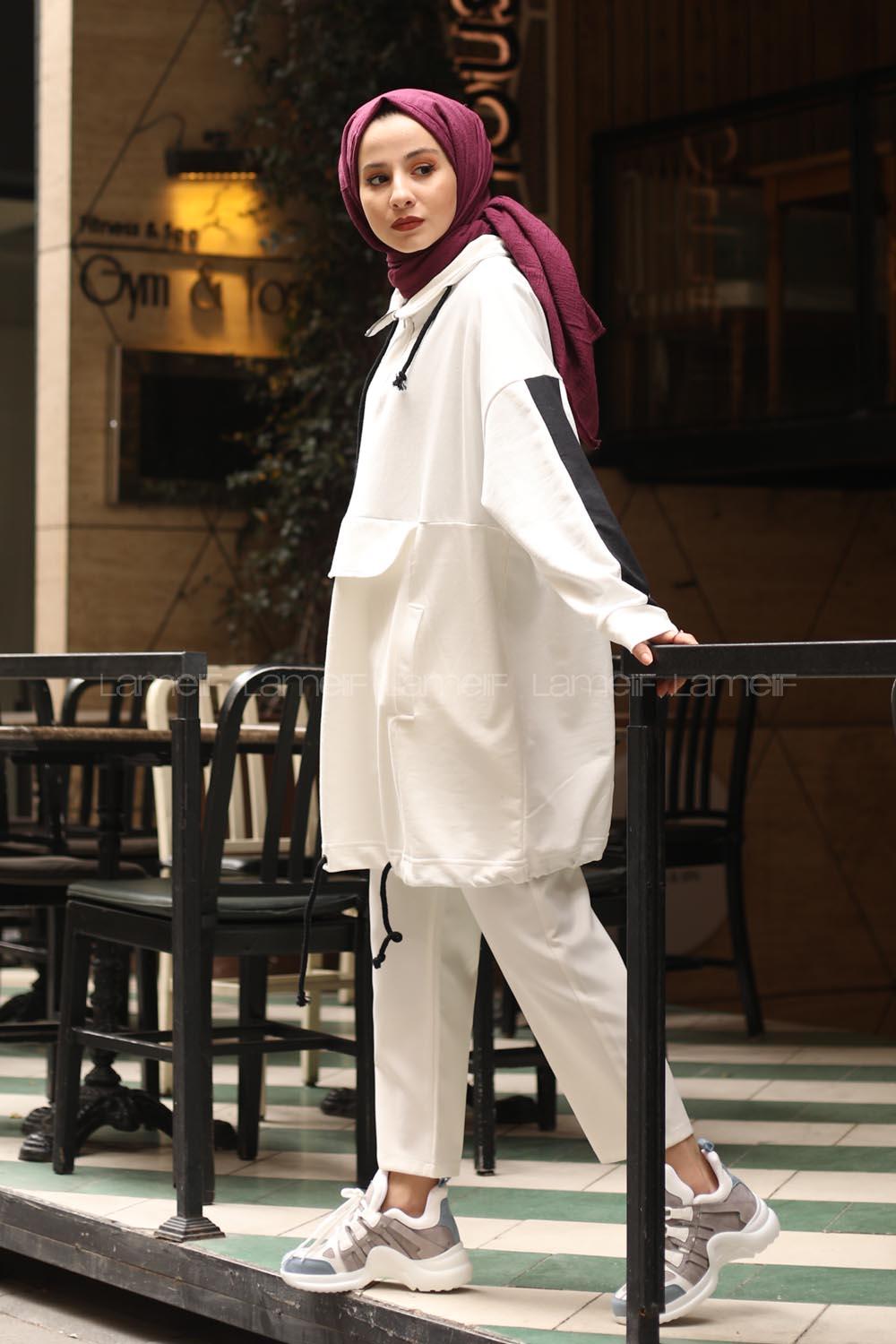 Modalamelif Kanguru Cepli Oversize Sweatshırt Beyaz