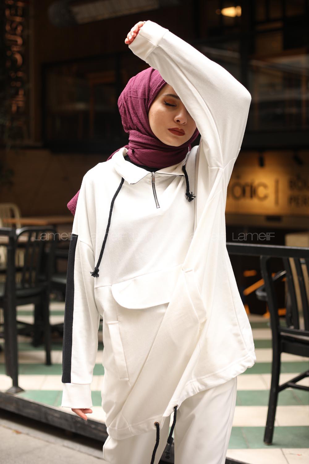 Modalamelif Kanguru Cepli Oversize Sweatshırt Beyaz