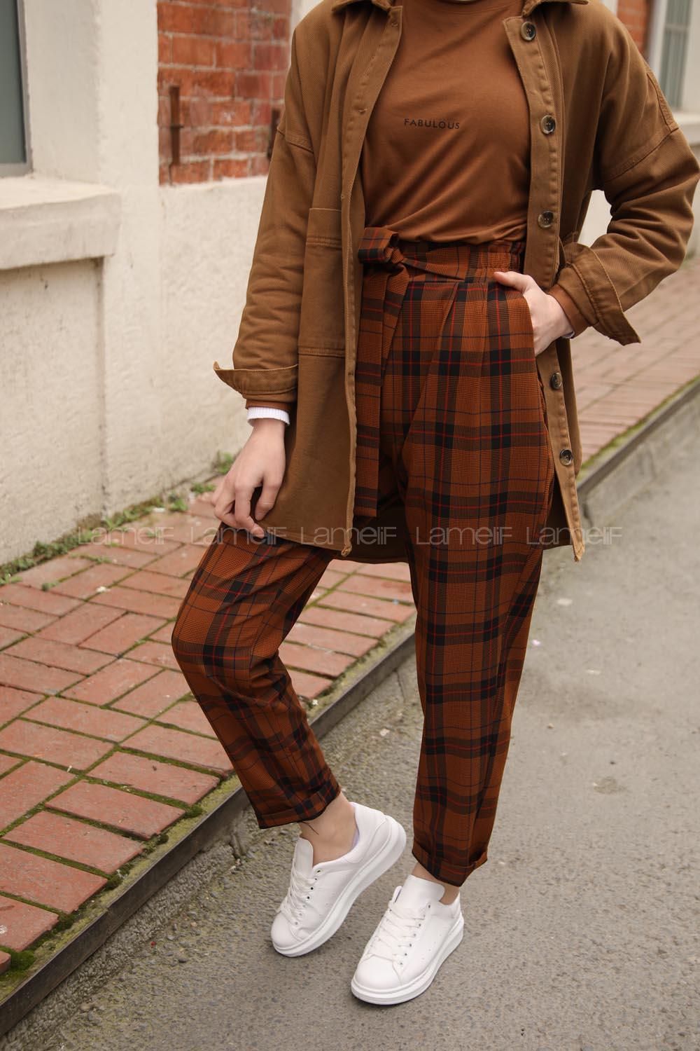 Modalamelif Kuşaklı Ekose Pantolon Kiremit