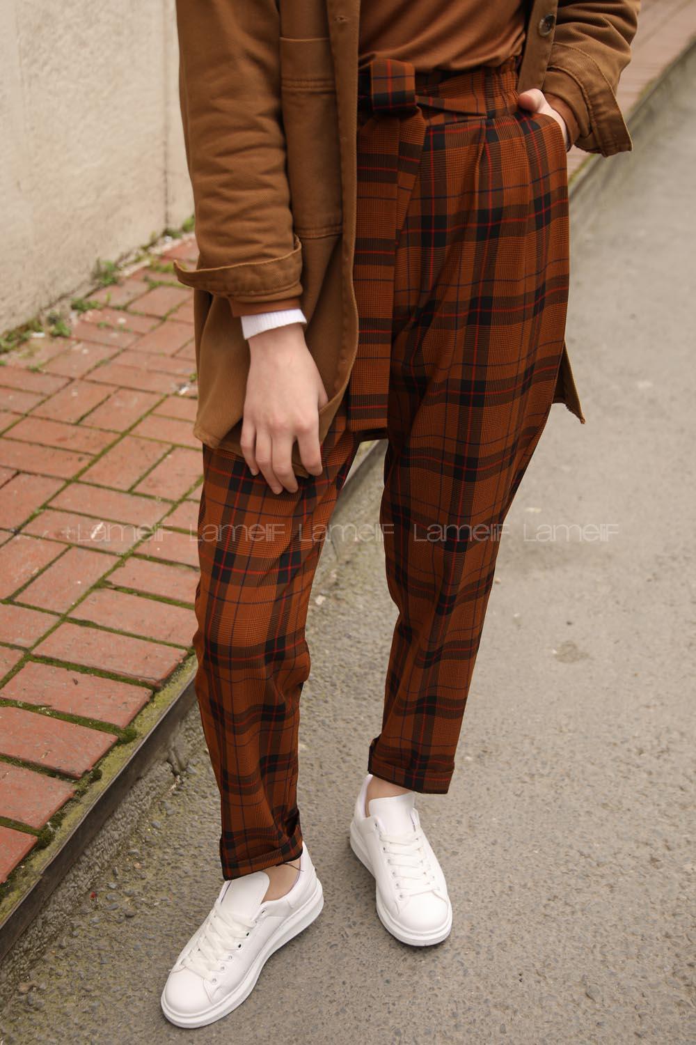 Modalamelif Kuşaklı Ekose Pantolon Kiremit