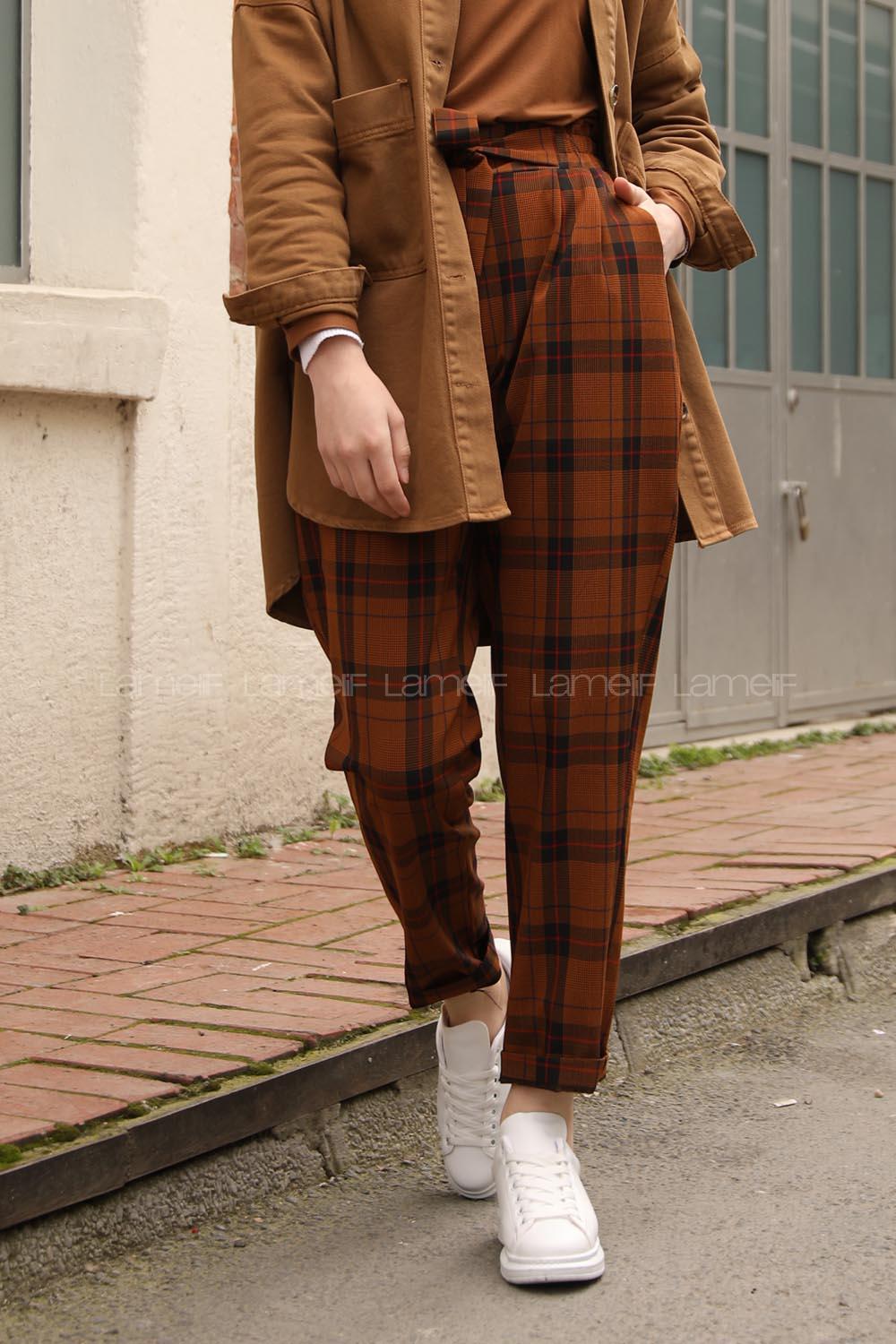 Modalamelif Kuşaklı Ekose Pantolon Kiremit