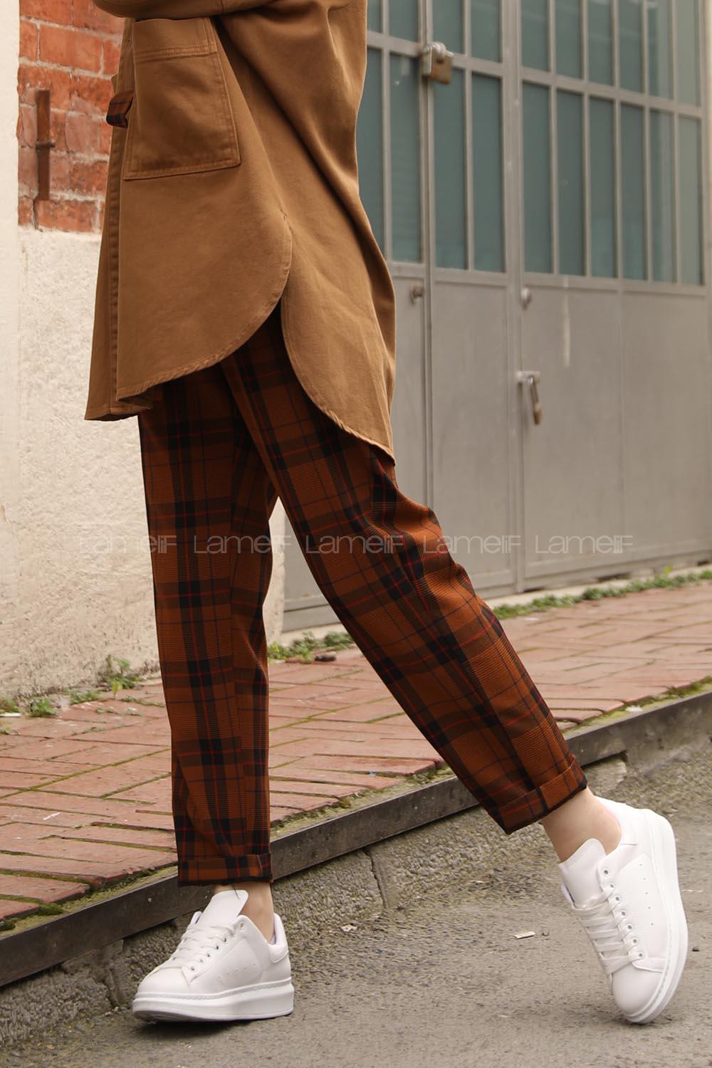 Modalamelif Kuşaklı Ekose Pantolon Kiremit