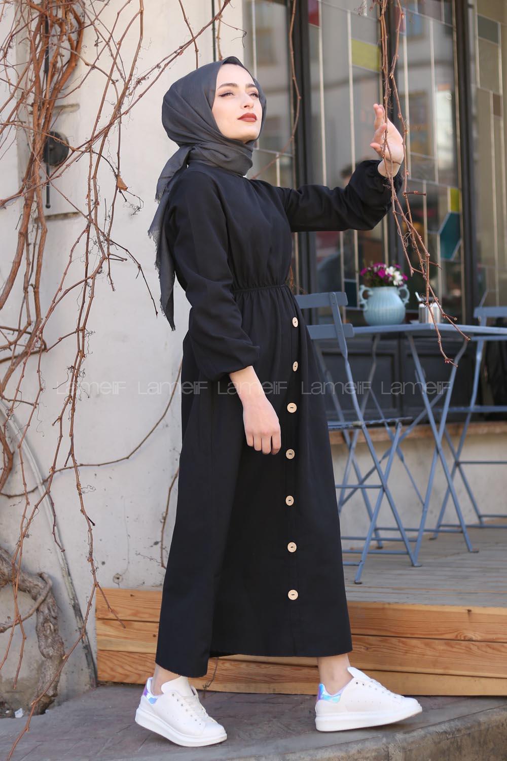 Modalamelif Bel Büzmeli Keten Elbise Siyah