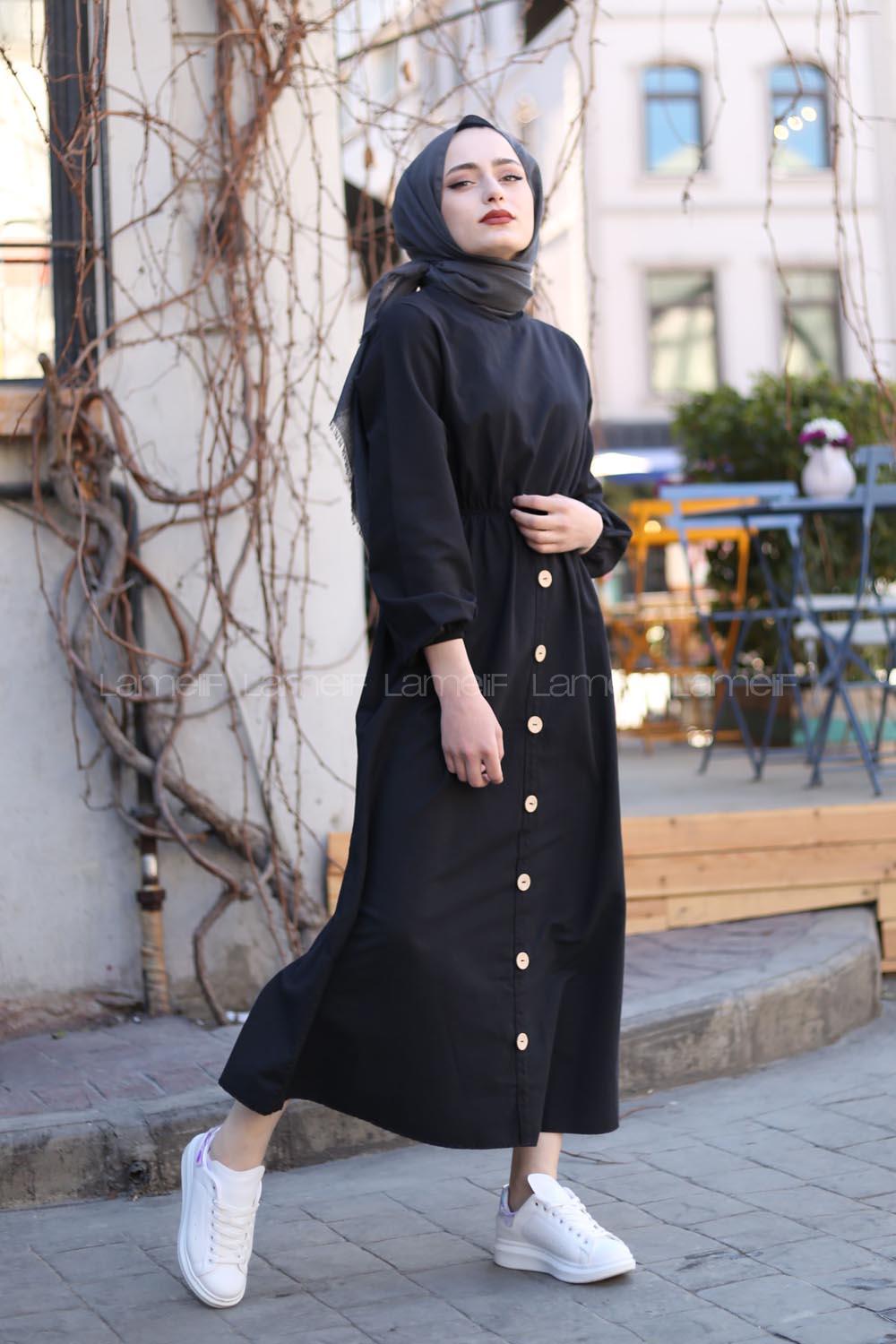 Modalamelif Bel Büzmeli Keten Elbise Siyah