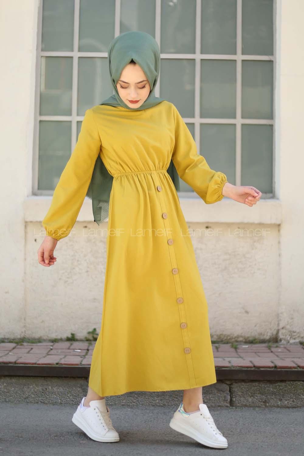 Modalamelif Bel Büzmeli Keten Elbise Lime