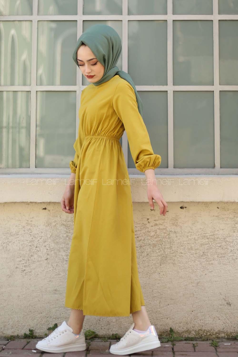 Modalamelif Bel Büzmeli Keten Elbise Lime