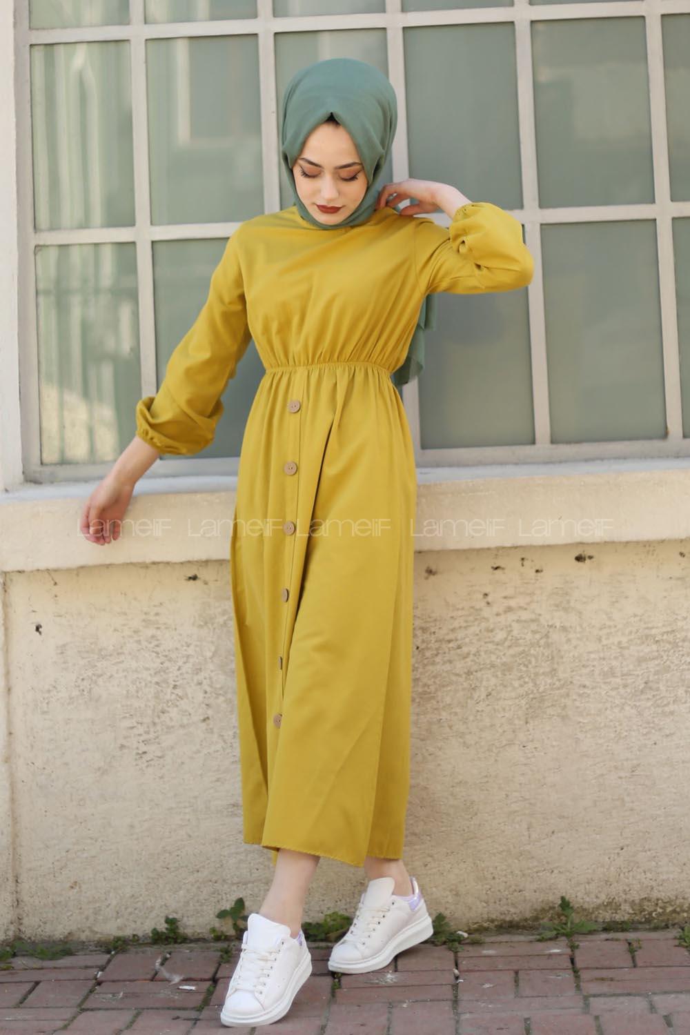 Modalamelif Bel Büzmeli Keten Elbise Lime