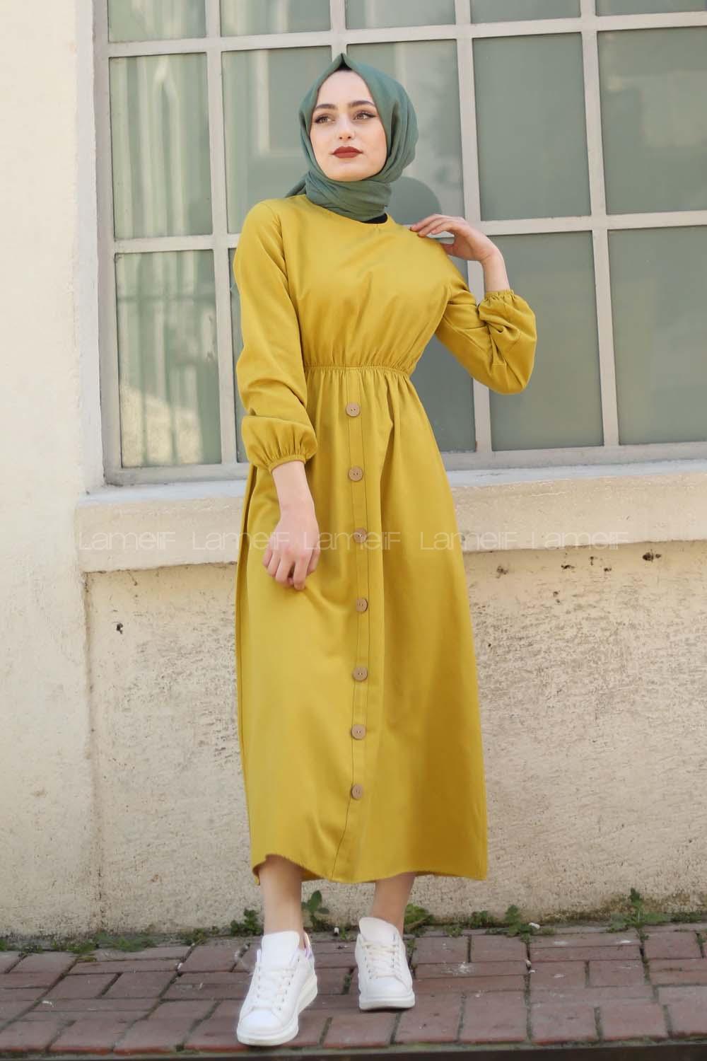 Modalamelif Bel Büzmeli Keten Elbise Lime