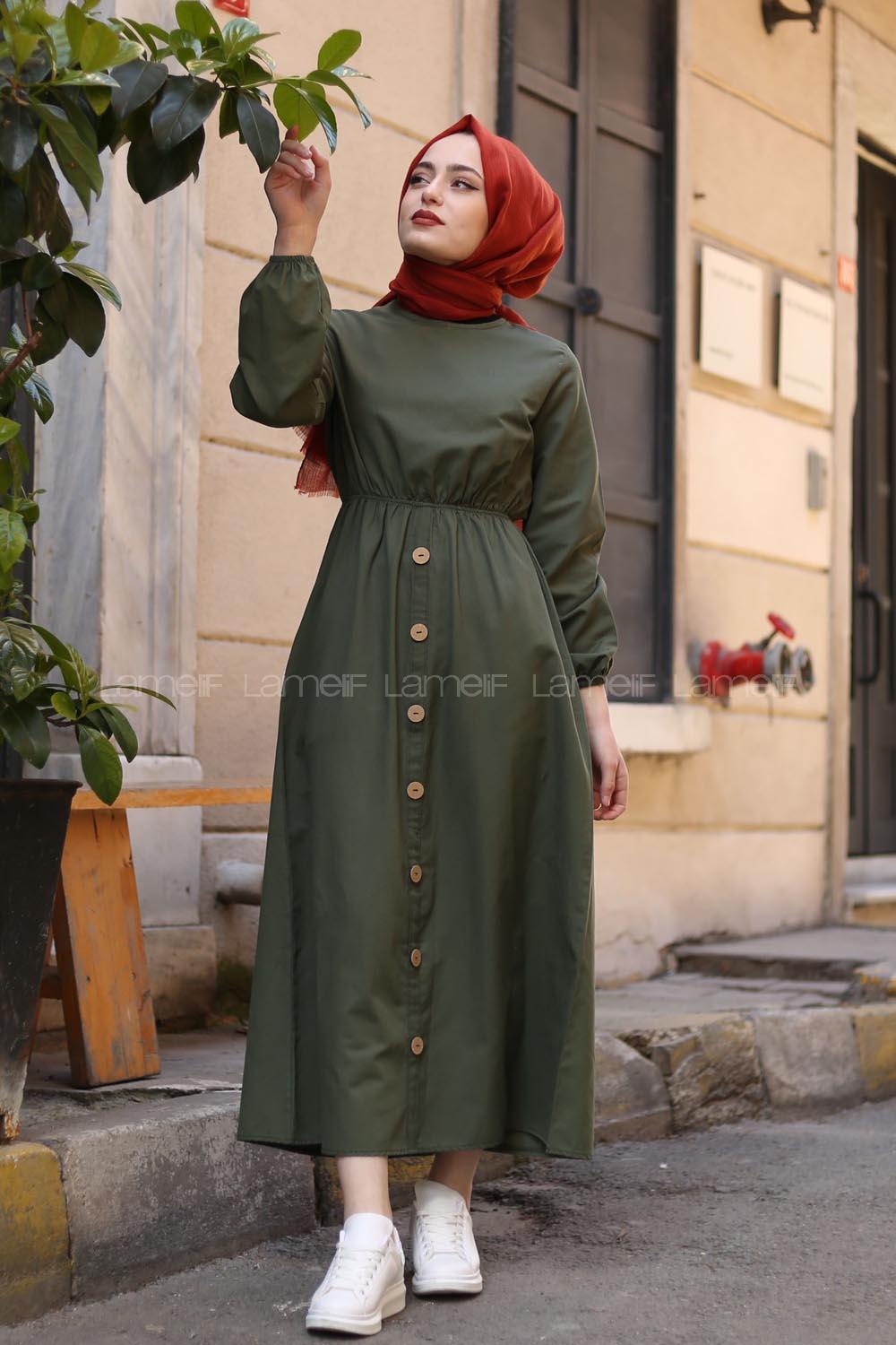 Modalamelif Bel Büzmeli Keten Elbise Haki