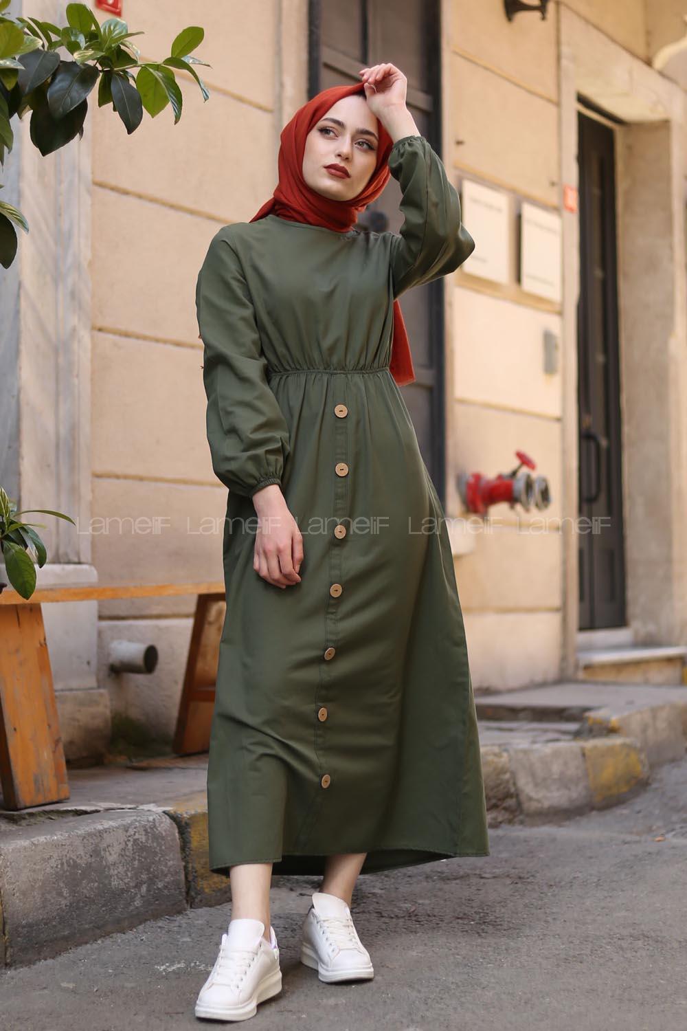 Modalamelif Bel Büzmeli Keten Elbise Haki