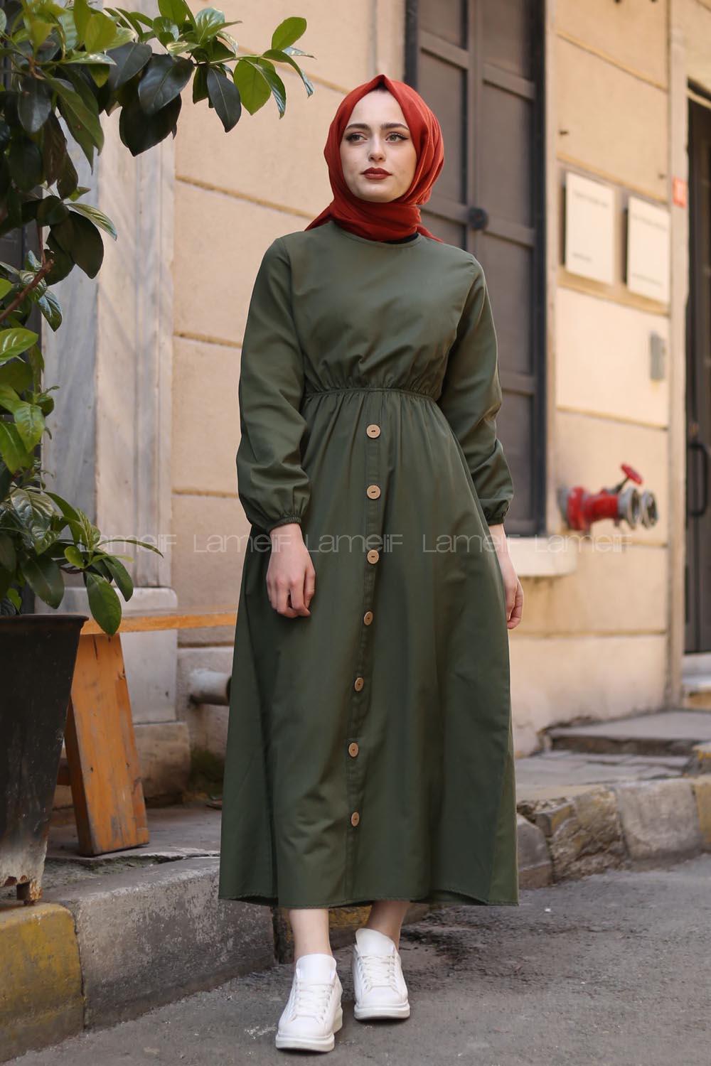 Modalamelif Bel Büzmeli Keten Elbise Haki