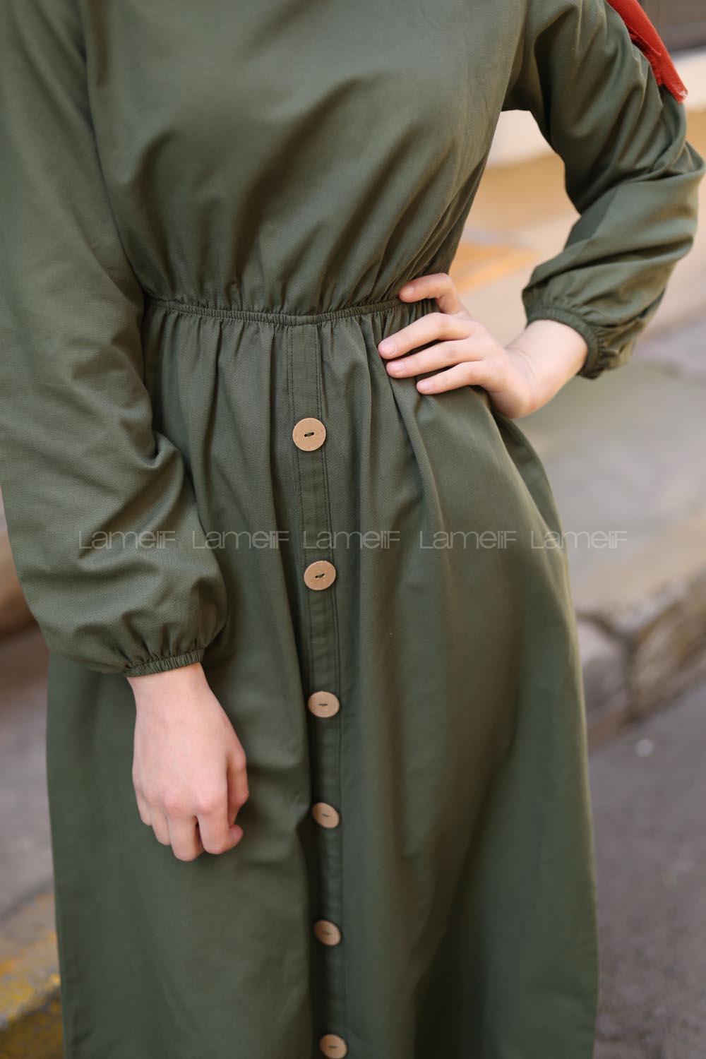 Modalamelif Bel Büzmeli Keten Elbise Haki