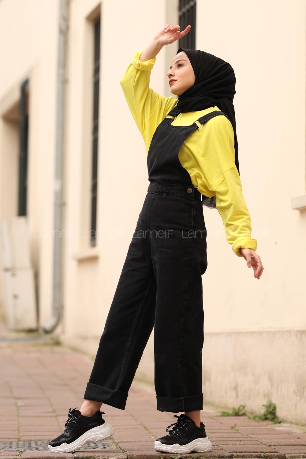 Modalamelif Siyah Gümüş Askılı Denim Tulum