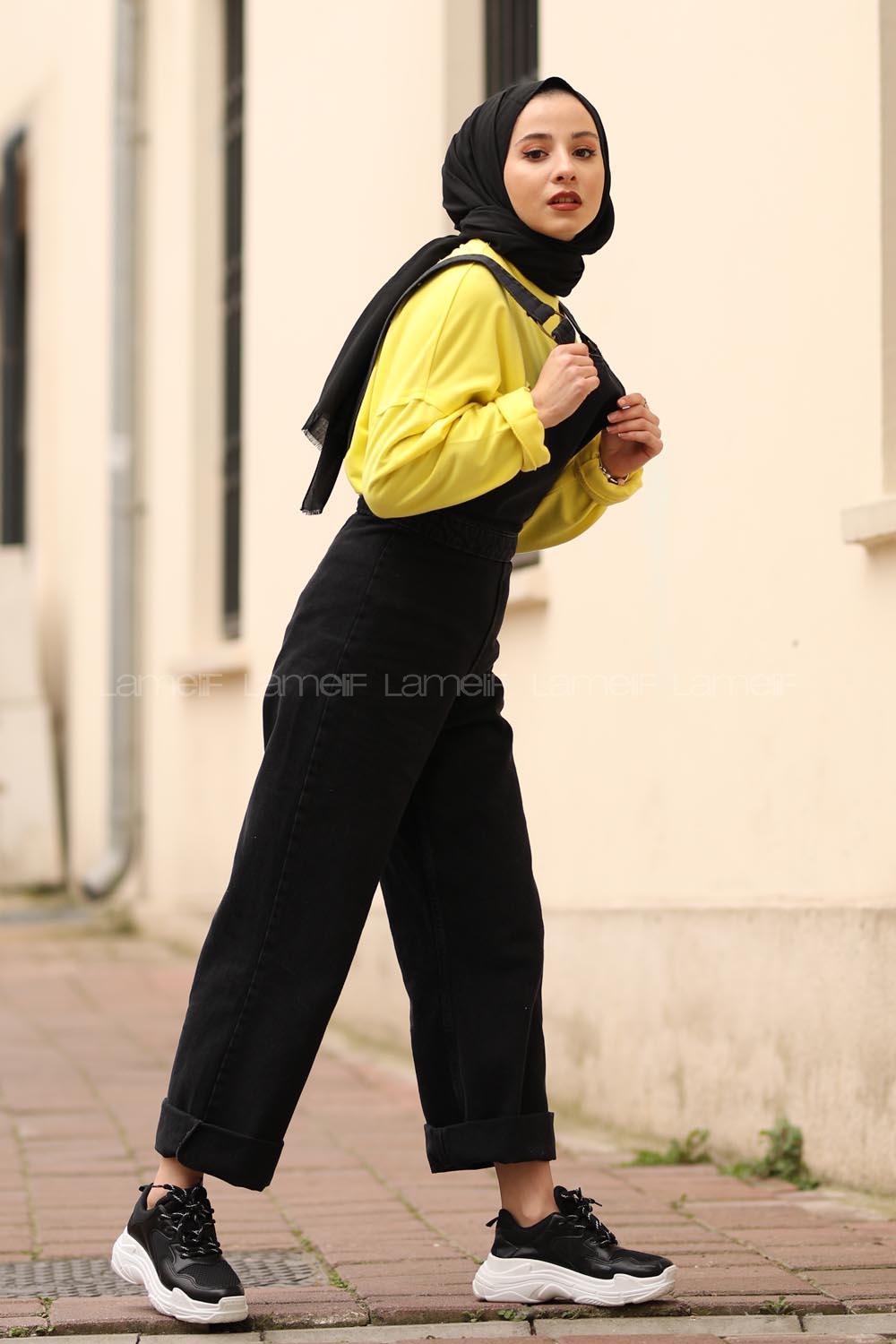 Modalamelif Siyah Gümüş Askılı Denim Tulum