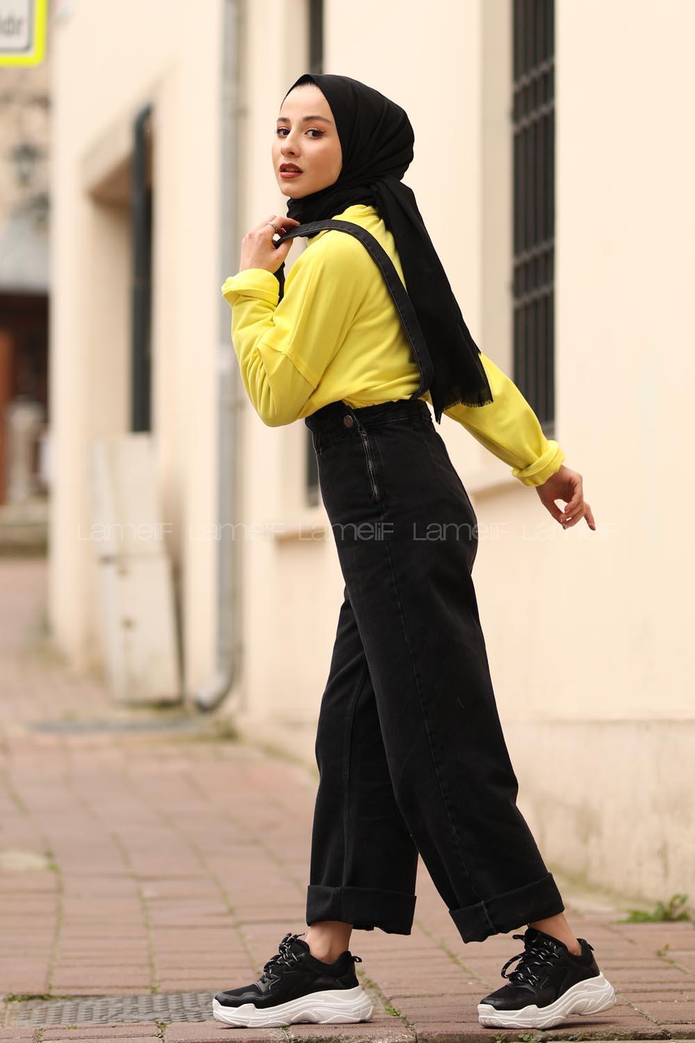 Modalamelif Siyah Gümüş Askılı Denim Tulum