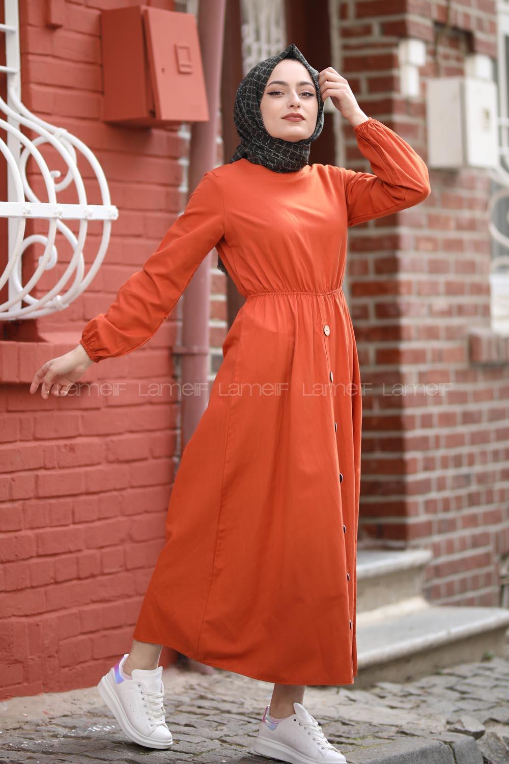 Modalamelif Bel Büzmeli Keten Elbise Kiremit