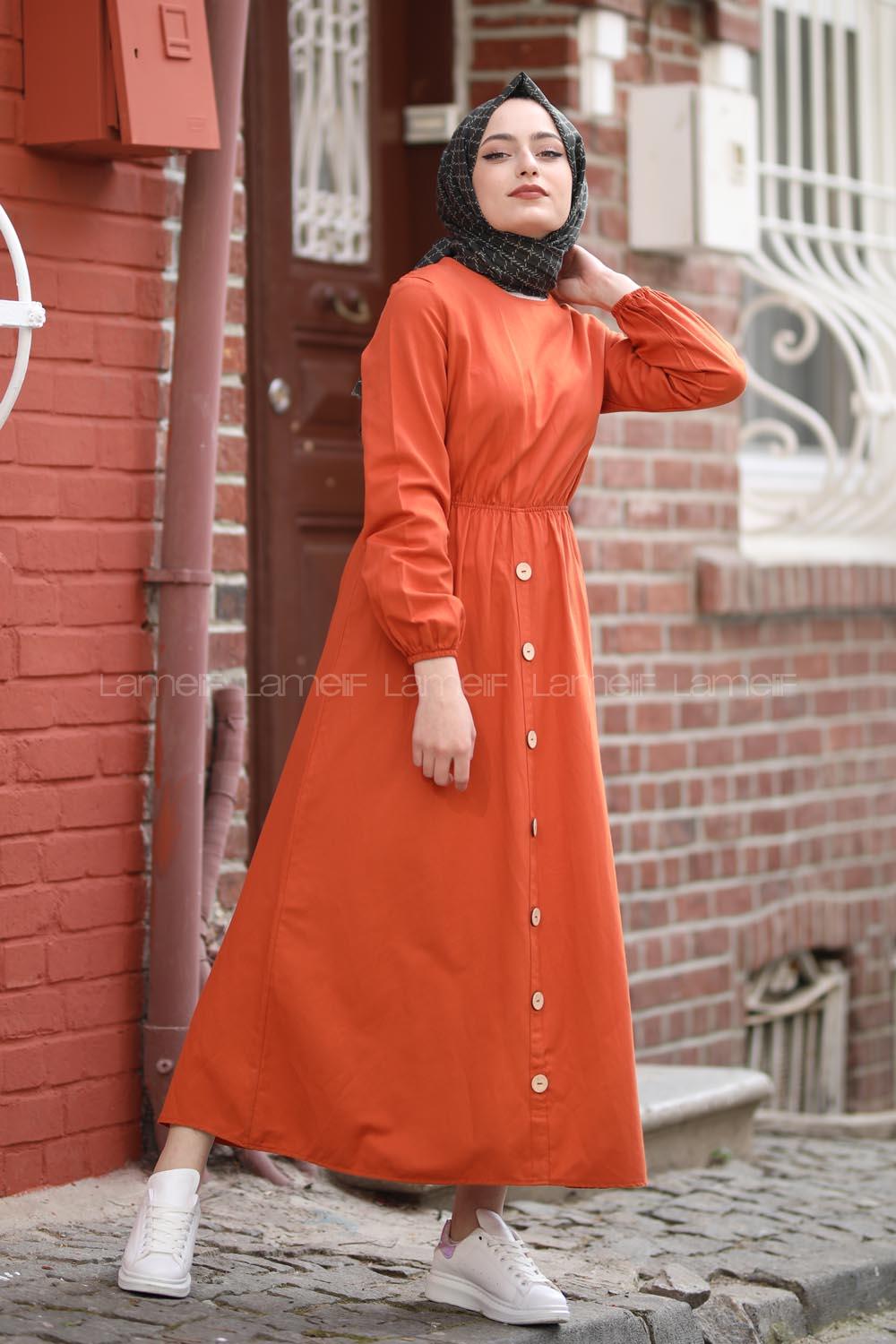 Modalamelif Bel Büzmeli Keten Elbise Kiremit