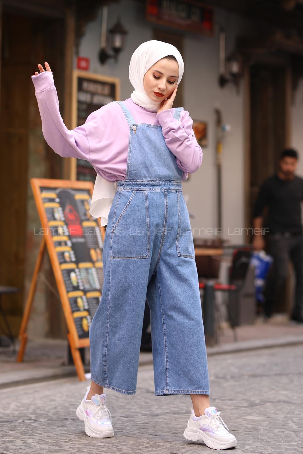 Lamelif Askılı Kot Tulum Açık Mavi