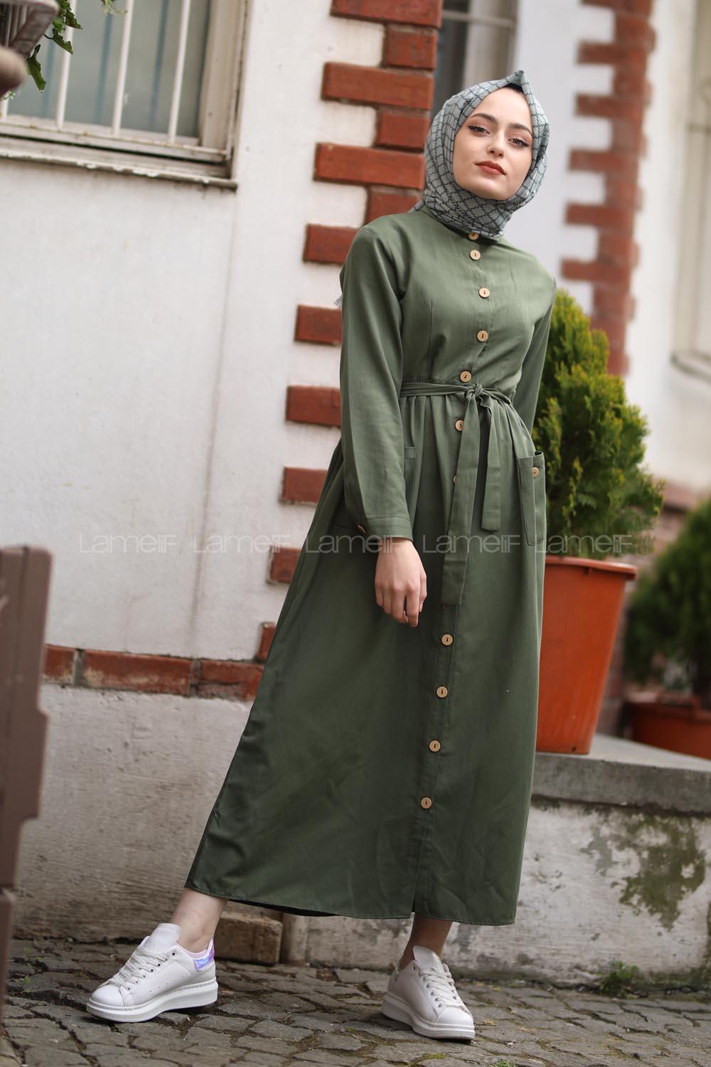 Modalamelif Keten Elbise Haki