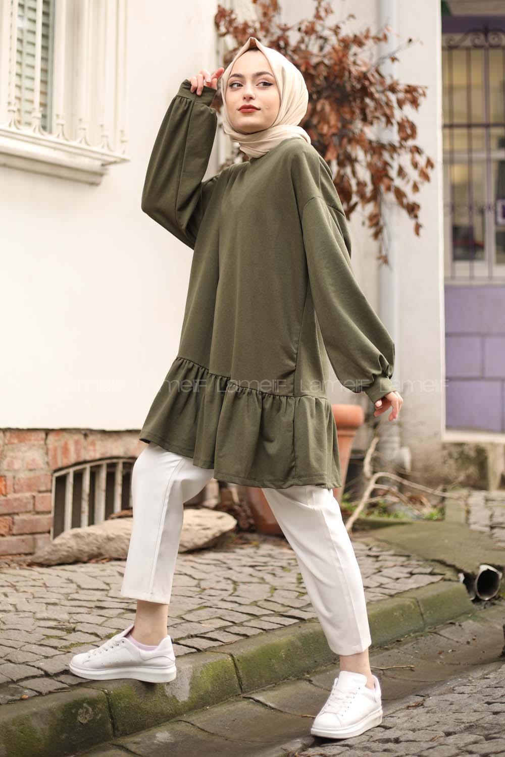 Modalamelif Balon Kol Fırfır Detaylı Tunik Haki