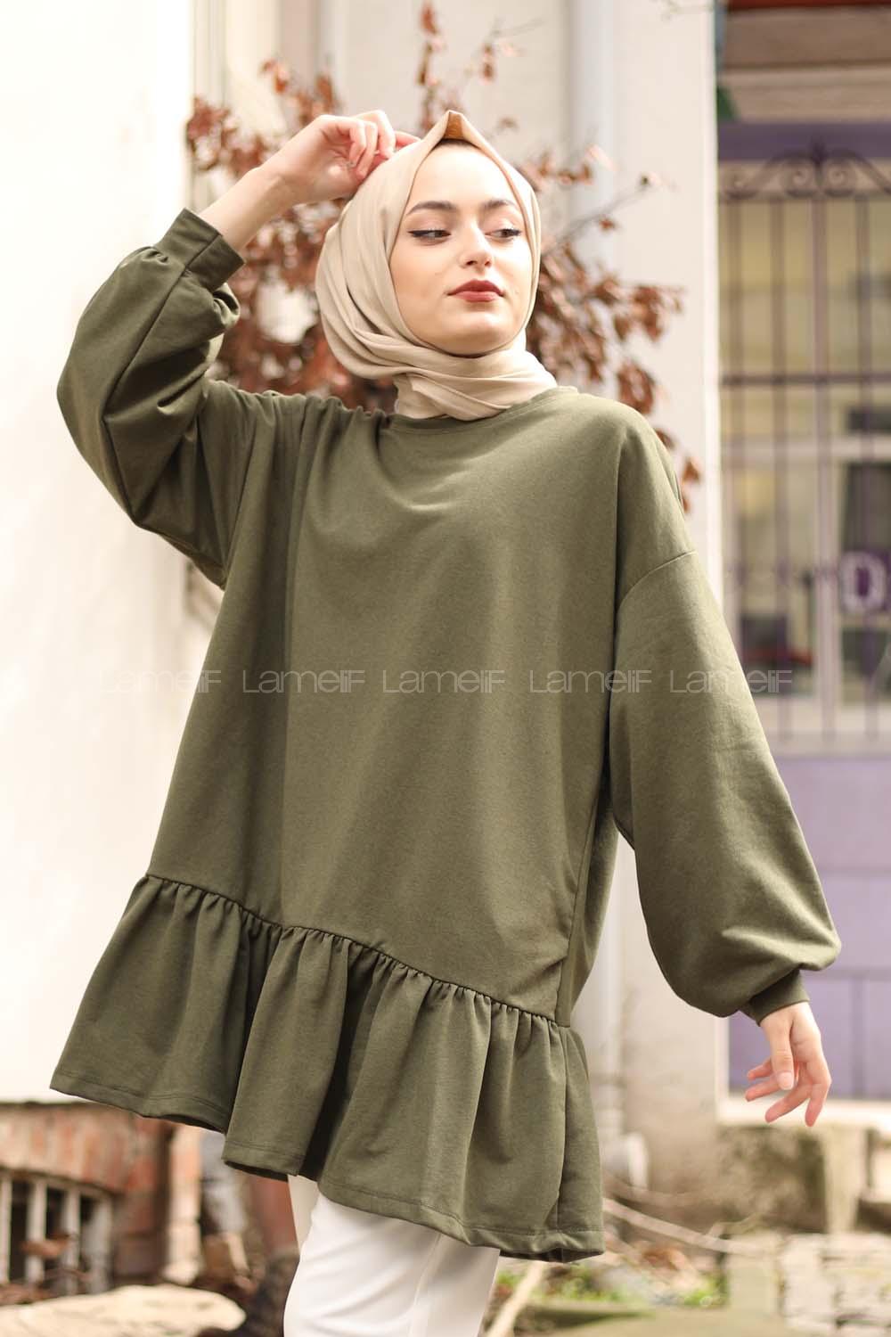 Modalamelif Balon Kol Fırfır Detaylı Tunik Haki