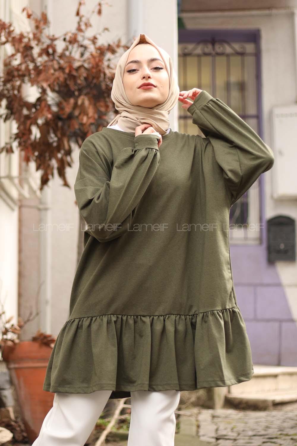 Modalamelif Balon Kol Fırfır Detaylı Tunik Haki