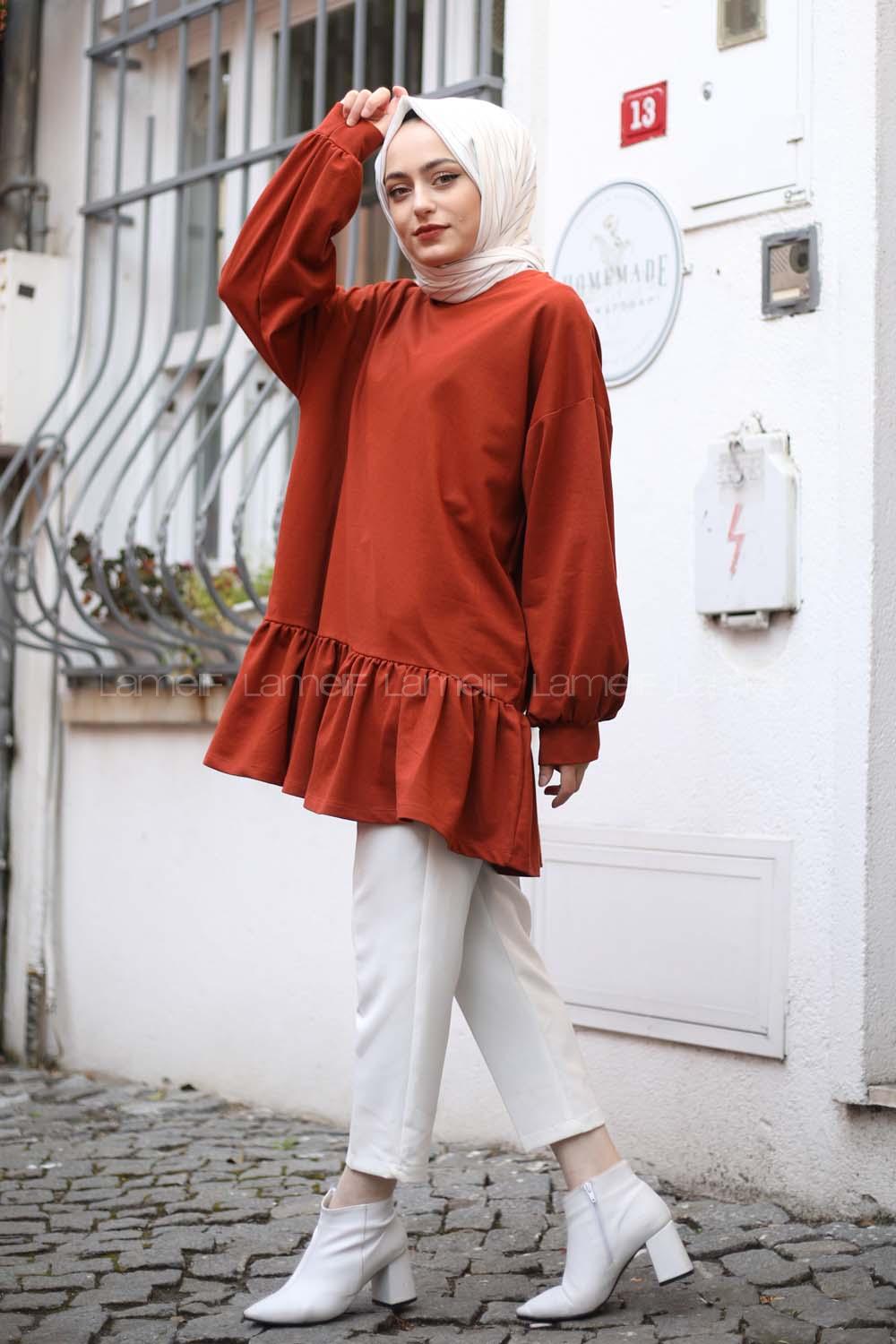 Modalamelif Balon Kol Fırfır Detaylı Tunik Kiremit