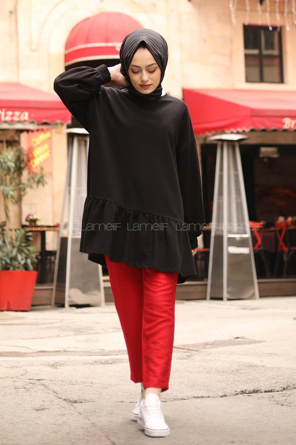 Modalamelif Balon Kol Fırfır Detaylı Tunik Siyah