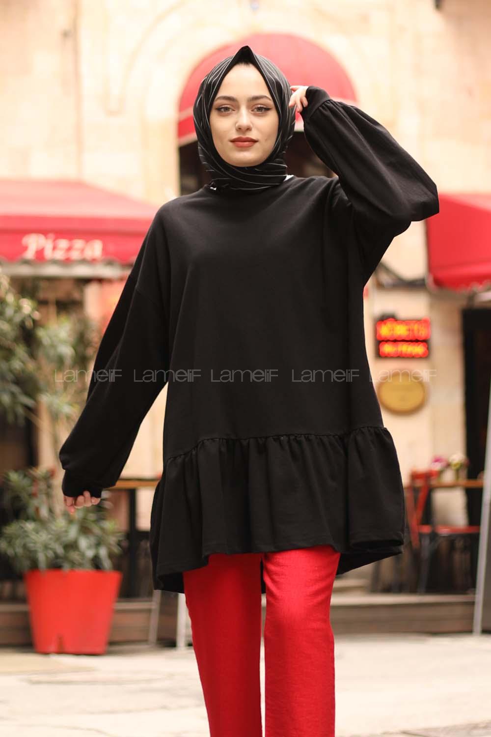 Modalamelif Balon Kol Fırfır Detaylı Tunik Siyah