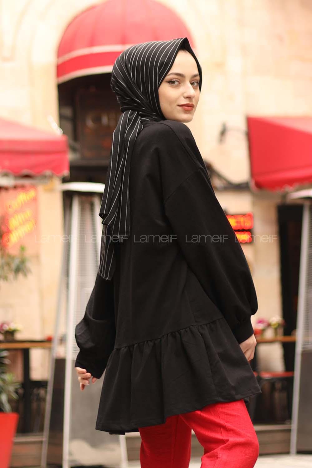 Modalamelif Balon Kol Fırfır Detaylı Tunik Siyah