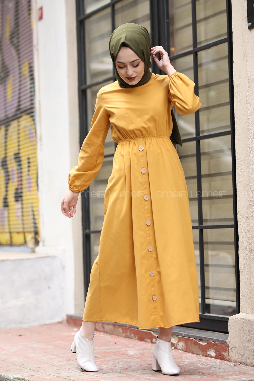 Modalamelif Bel Büzmeli Keten Elbise Sarı