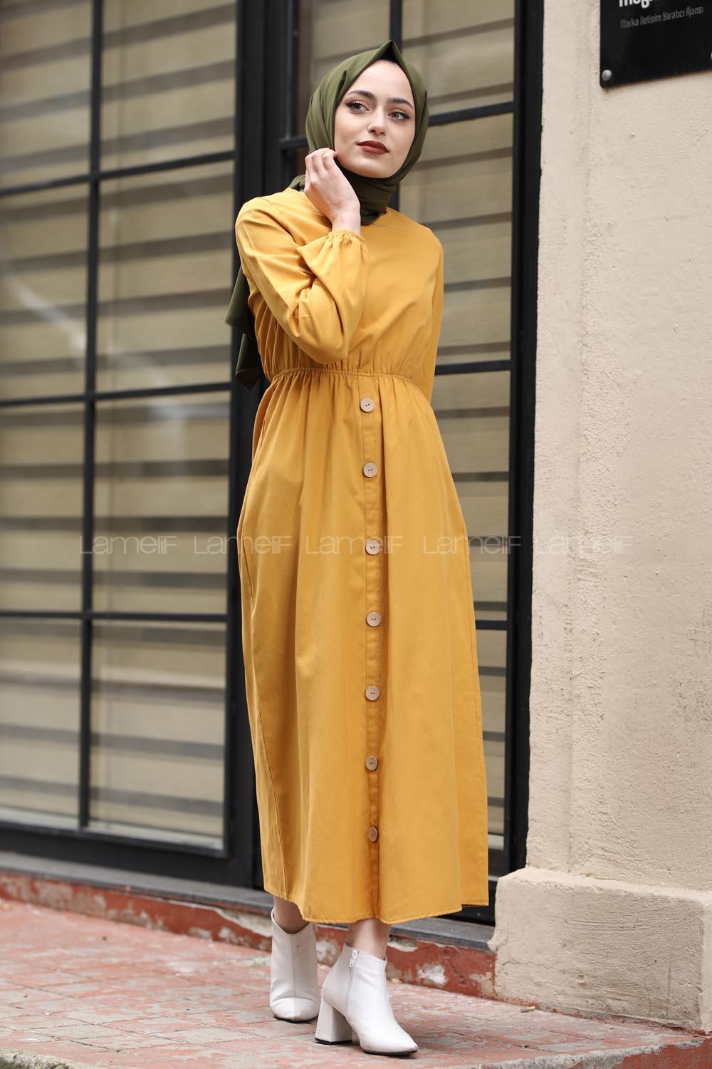Modalamelif Bel Büzmeli Keten Elbise Sarı