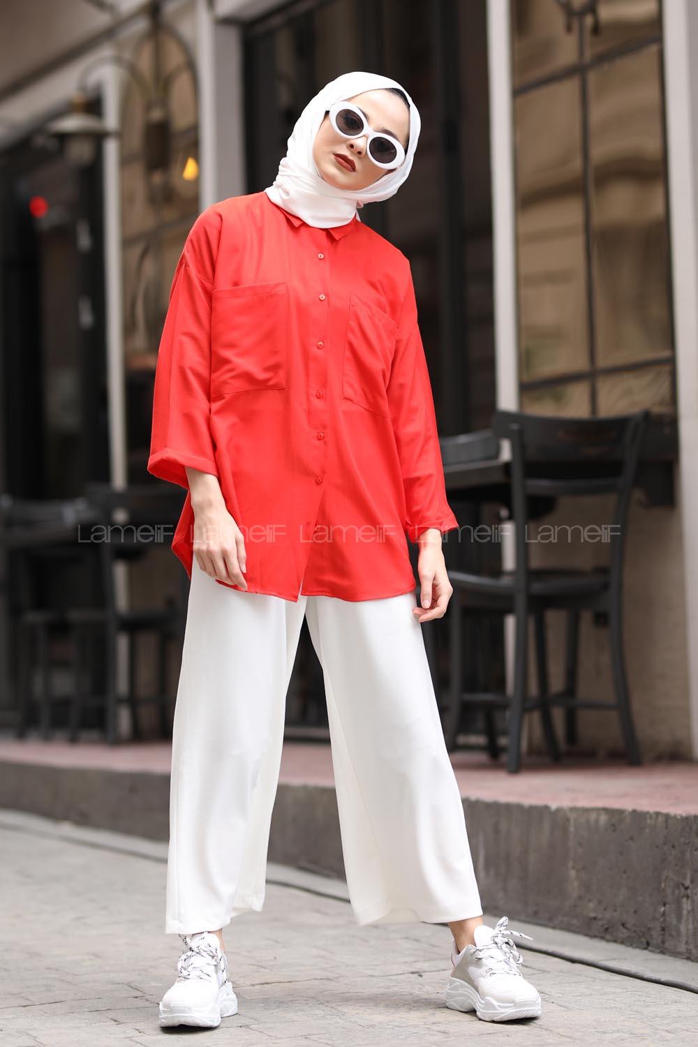 Modalamelif Kırmızı Düşük Kol Gömlek