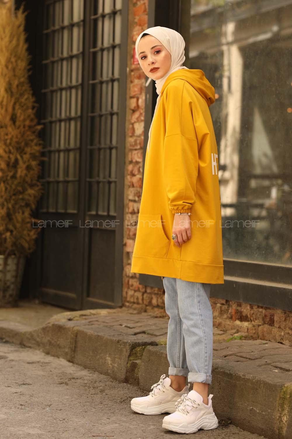 Modalamelif Salaş Kapşonlu Arka Yazılı Sweat Hardal Sarısı