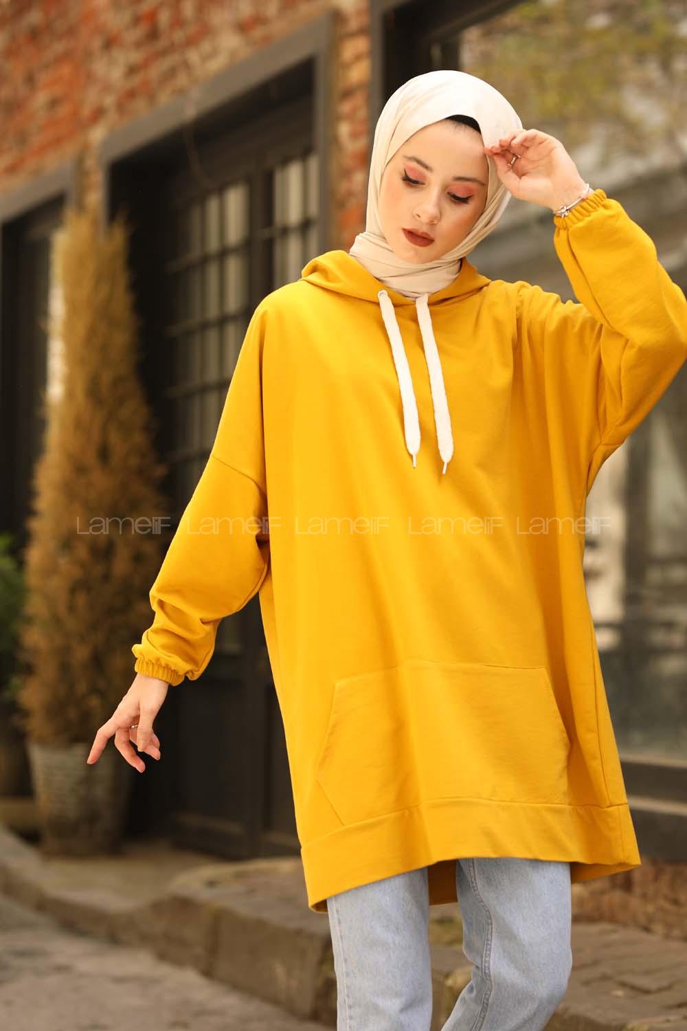 Modalamelif Salaş Kapşonlu Arka Yazılı Sweat Hardal Sarısı