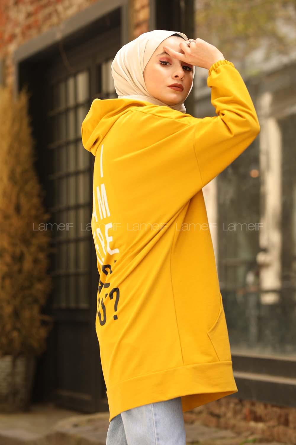 Modalamelif Salaş Kapşonlu Arka Yazılı Sweat Hardal Sarısı
