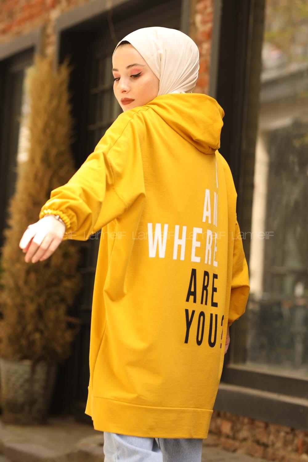 Modalamelif Salaş Kapşonlu Arka Yazılı Sweat Hardal Sarısı