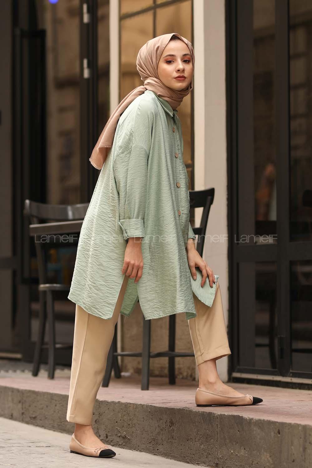 Modalamelif Petrol Ham Keten Gömlek